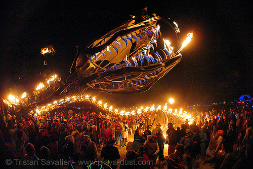 serpent mother - giant snake skeleton fire sculpture - head - burning man 2006, art installation, burning man at night, fire, sculpture, serpent mother, skeleton, snake