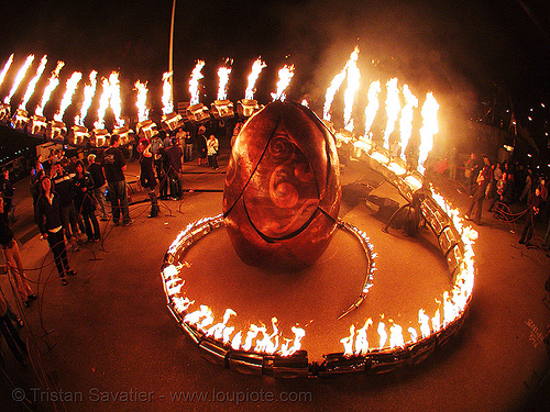 serpent mother's egg - giant snake skeleton sculpture - crucible fire arts festival 2007 (oakland, california), burning, egg, fire art, fisheye, sculpture, serpent mother, skeleton, snake, spiral
