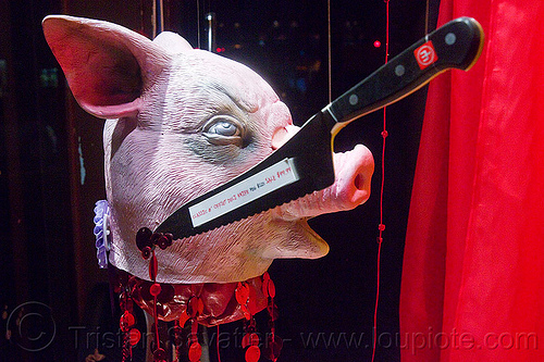 severed pig head - hardware shop window display, butcher knife, cliff's variety, fake blood, halloween, hardware store, latex mask, pig head, pig mask, shop window display