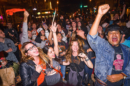 SF giants fans celebrating, 2012 world series, baseball fans, celebrating, crowd, editorial, go giants, night, partying, sf giants, sports fans, street party