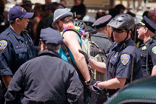 sfpd police arresting peaceful reveler - bay to breakers (san francisco), arresting, bay to breakers, crack-down, law enforcement, mass arrest, men, police arrest, sfpd, street party, under arrest, uniform