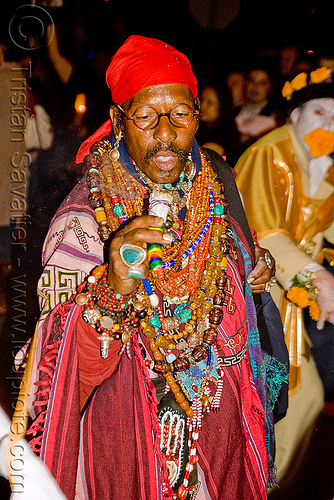 shaman burning sage - dia de los muertos - halloween (san francisco), beads, costume, day of the dead, dia de los muertos, halloween, man, necklaces, night, sage, shaman