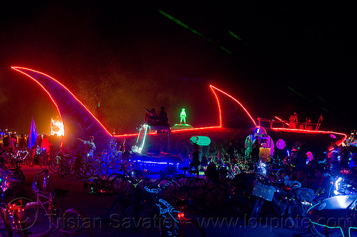 shark art car at night - burning man 2013, burning man, crowd, mutant vehicles, night, shark art car