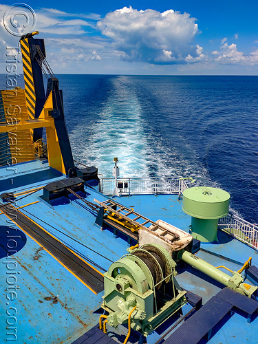 ship wake view from the ferry upper deck, cable winch, deck, exterior, ferry, ferryboat, horizon, ocean, outside, ramp, sea, ship wake