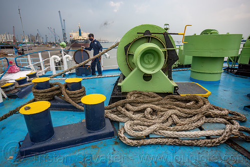 ship winch, mooring bollards and braided mooring ropes, boat, deck, dharma ferry, exterior, ferryboat, mooring bollards, rope, ship, surabaya, winch