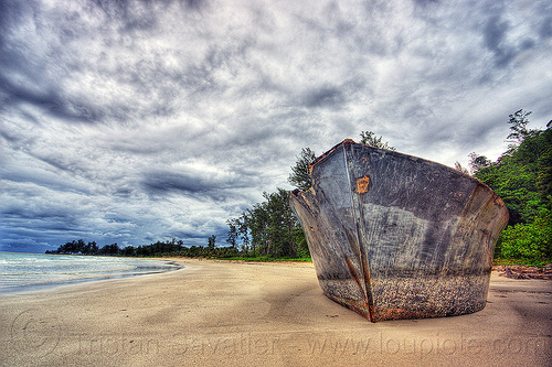 shipwreck on the beach, boat, borneo, bow, clouds, cloudy, kelambu beach, malaysia, rain forest, sand, seashore, ship, shipwreck, vessel