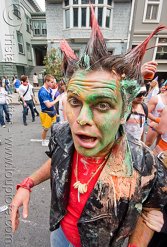 shock and awe, bay to breakers, costume, disheveled, face painting, facepaint, footrace, makeup, man, smudged, spiky hair, street party