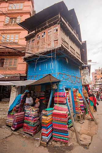 shop in small blue house - kathmandu (nepal), blue house, cloth, colorful, kathmandu, shop, store