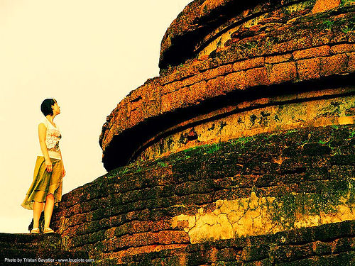 si-satchanalai - anke-rega, cross-processed, ruins, stupa, temple, wat, woman