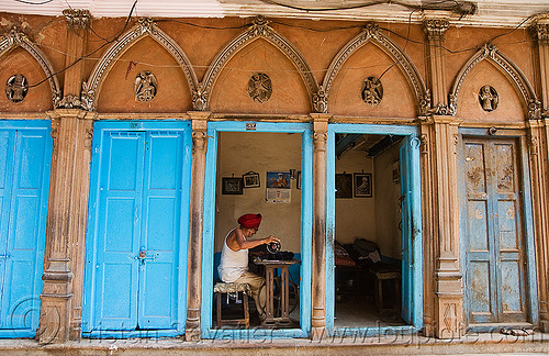 sikh tailor in his workshop - delhi (india), architecture, blue doors, delhi, headdress, headwear, sewing machine, shop, sikh man, sikhism, taylor, turban, working
