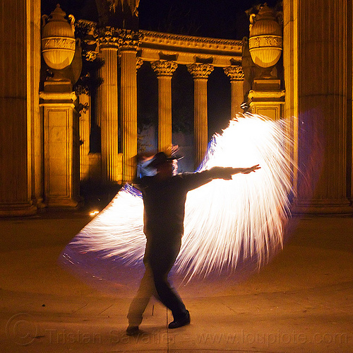 silhouette - fire whip, cary, columns, fire dancer, fire dancing, fire performer, fire spinning, fire whip, man, night, palace of fine arts, silhouette