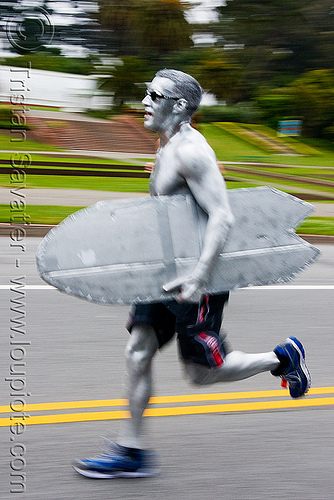 silver surfer running - bay to breakers (san francisco), bay to breakers, body art, body paint, body painting, footrace, runner, running, silver surfer, street party, surf board