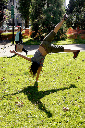 single handed cartwheeling, cartwheeling, catrwheel, grass, gymnastics, jessika, lawn, one hand, single handed, upside-down, woman