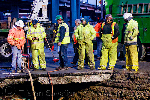 sinkhole - utility workers fixing broken water main (san francisco), construction workers, hetch hetchy water system, high-visibility vest, night, reflective vest, repairing, safety helmet, safety vest, sfpuc, sink hole, utility crew, utility trucks, utility workers, water department, water main, water pipe