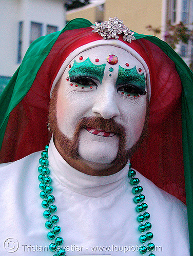 sister mary juanita high (the sisters of perpetual indulgence, san francisco) - christmas makeup, bindis, christmas makeup, drag, green beads, man, nuns, red, white