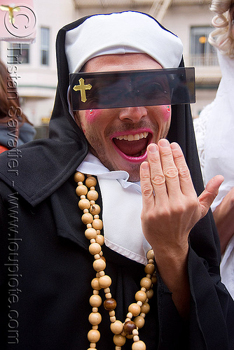 sisters of perpetual indulgence - brides of march (san francisco), bride, brides of march, christian cross, makeup, man, necklace, nuns, sunglasses, wedding, white