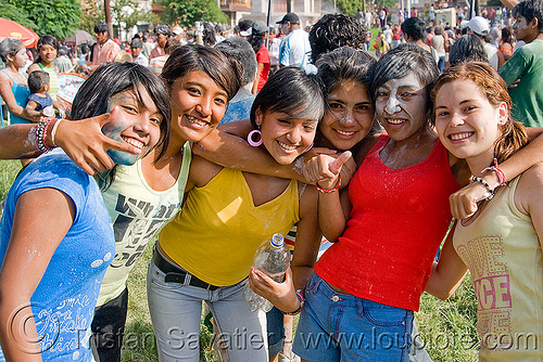 six girls enjoying the carnival in jujuy capital (argentina), andean carnival, argentina, jujuy capital, noroeste argentino, san salvador de jujuy, six, women