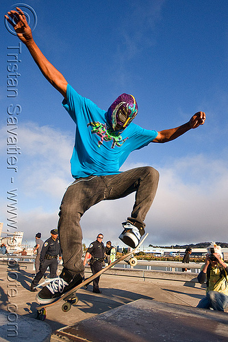 skateboarder jumping - superhero street fair (san francisco), islais creek promenade, man, skateboard, skateboarder, skateboarding, superhero street fair, wrestler mask