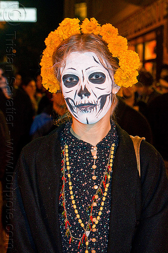 skull makeup and orange marigold flower crown headdress - dia de los muertos (san francisco), day of the dead, dia de los muertos, face painting, facepaint, flower crown, halloween, necklaces, night, orange flowers, orange marigold, red, skull makeup, tagetes, woman, yellow