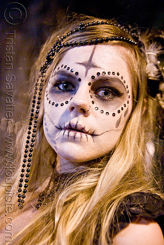 skull makeup - black bindis and beads - dia de los muertos - halloween (san francisco), beads, bindis, day of the dead, dia de los muertos, face painting, facepaint, halloween, night, sugar skull makeup, woman