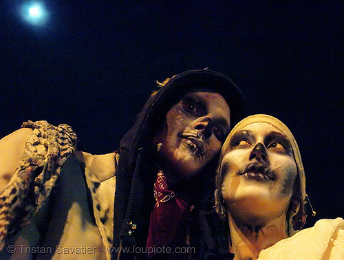 skull makeup - couple under the full moon - dia de los muertos - halloween (san francisco), airbrush stencil, costumes, day of the dead, dia de los muertos, face painting, facepaint, full moon, halloween, night, sugar skull makeup