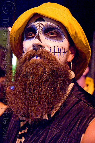 skull makeup - dia de los muertos - halloween (san francisco), beard, day of the dead, dia de los muertos, face painting, facepaint, halloween, hat, makeup, man, night
