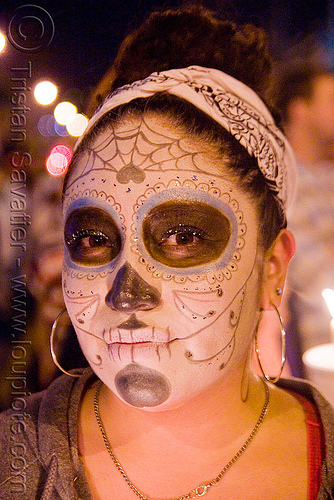 skull makeup - dia de los muertos - halloween (san francisco), day of the dead, dia de los muertos, face painting, facepaint, halloween, night, sugar skull makeup, woman