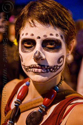 skull makeup - dia de los muertos - halloween (san francisco), beads, day of the dead, dia de los muertos, face painting, facepaint, halloween, necklace, night, short hair, sugar skull makeup, woman