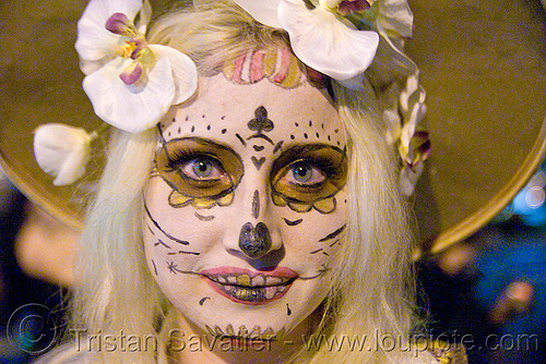 skull makeup - dia de los muertos - halloween (san francisco), day of the dead, dia de los muertos, face painting, facepaint, flowers, halloween, night, sugar skull makeup, white, woman