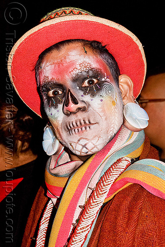 skull makeup - dia de los muertos - halloween (san francisco), airbrush, day of the dead, dia de los muertos, face painting, facepaint, halloween, man, night, red hat, stencil, sugar skull makeup