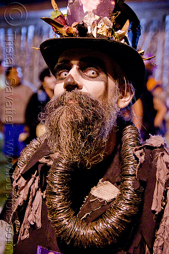 skull makeup - dia de los muertos - halloween (san francisco), beard, color contact lenses, contacts, day of the dead, dia de los muertos, face painting, facepaint, halloween, makeup, man, night, special effects contact lenses, steven raspa, stovepipe hat, theatrical contact lenses, white contact lenses