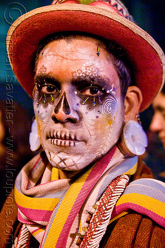 skull makeup - dia de los muertos - halloween (san francisco), airbrush, day of the dead, dia de los muertos, face painting, facepaint, halloween, man, night, red hat, stencil, sugar skull makeup