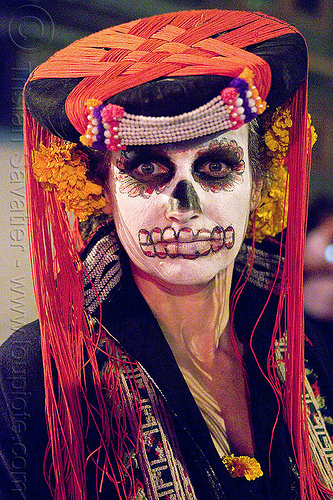 skull makeup - dia de los muertos - halloween (san francisco), day of the dead, dia de los muertos, face painting, facepaint, halloween, hat, headdress, makeup, night, woman