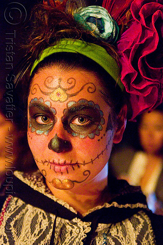 skull makeup - dia de los muertos - halloween (san francisco), day of the dead, dia de los muertos, face painting, facepaint, halloween, headband, headdress, lace, night, sugar skull makeup, woman