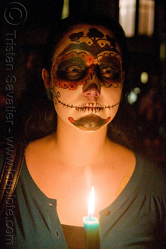 skull makeup - green candle - dia de los muertos - halloween (san francisco), candle, day of the dead, dia de los muertos, face painting, facepaint, halloween, night, sugar skull makeup, woman