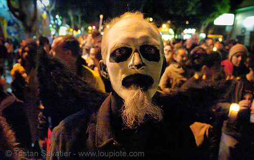 skull makeup - man with goatee - dia de los muertos - halloween (san francisco), angel wings, beard, costumes, dark angel, day of the dead, dia de los muertos, face painting, facepaint, goatee, halloween, makeup, man, night