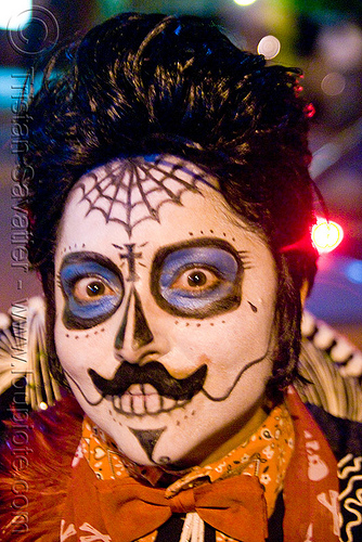 skull makeup - mariachi - dia de los muertos - halloween (san francisco), day of the dead, dia de los muertos, face painting, facepaint, halloween, mariachi, mexican, mustache, night, sugar skull makeup, woman