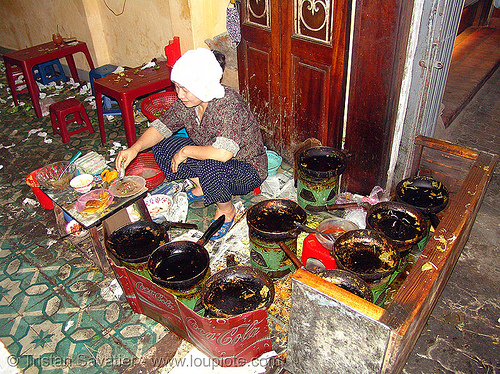 small but excellent restaurant - vietnam, asian woman, cook, cooking, eatery, food, hanoi, pans, restaurant