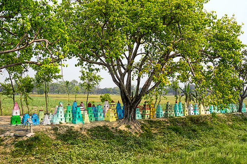 small cenotaphs - hindu memorial monuments (india), cenotaphs, colorful, hand pump, hinduism, painted, row, tree, water pump