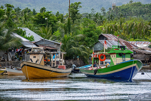 small fishing boats moored in likupang, coast, fishing boats, jungle, mooring, sea, village