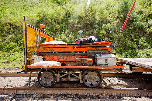 small motorized draisine used for track maintenance (argentina), argentina, dolly, draisine, metric gauge, narrow gauge, noroeste argentino, rail trolley, railroad construction, railroad speeder, railroad tracks, railway tracks, single track, track maintenance, tren a las nubes, workers