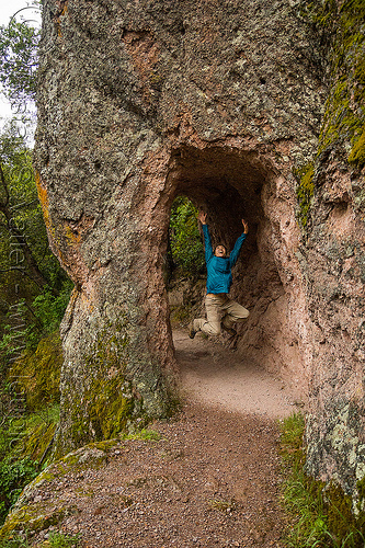 small tunnel on the high peaks trail - pinnacles national park (california), hiking, jumpshot, pinnacles national park, rock formations, trail, tunnel, woman