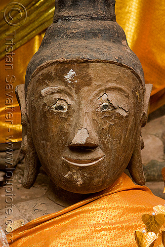 smiling buddha statue in sanctuary - wat phu champasak (laos), buddha image, buddha statue, buddhism, khmer temple, main shrine, wat phu champasak