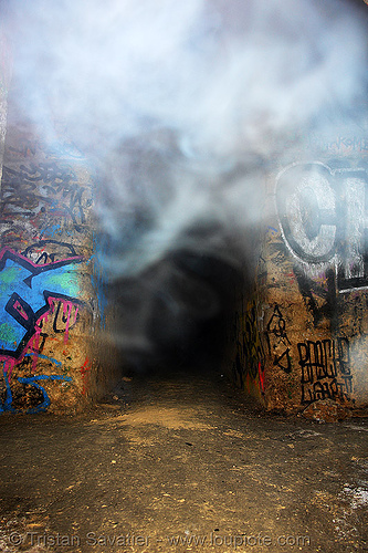 smoked-in gallery - catacombes de paris - catacombs of paris (off-limit area), cave, clandestines, fumi, fumigène, graffiti, illegal, silhouette, smoke, trespassing, tunnel, underground quarry