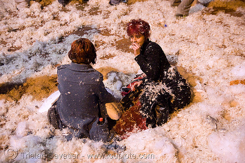 snow? no, feathers! - the great san francisco pillow fight 2008, down feathers, night, pillows, world pillow fight day