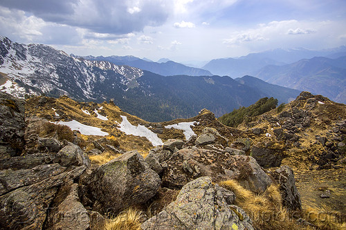 snow patches on high mountain pastures near joshimath (india), landscape, mountains, rocks, snow patches