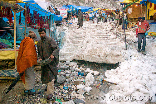 snow stairs leading to the cave - amarnath yatra (pilgrimage) - kashmir, amarnath yatra, hindu pilgrimage, kashmir, pilgrims, snow, stairs, tents, trail