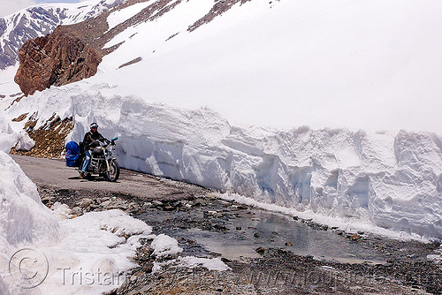 snow walls and nullah near baralacha pass - manali to leh road (india), baralacha pass, baralachala, ladakh, motorcycle touring, mountain pass, mountain river, mountains, nullah, puddle, road, royal enfield bullet, snow walls, stream