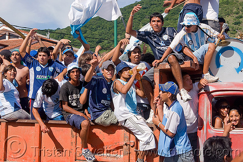 socker supporters celebrate team victory, argentina, celebrating, lorry, men, noroeste argentino, salta, socker match, supporters, truck