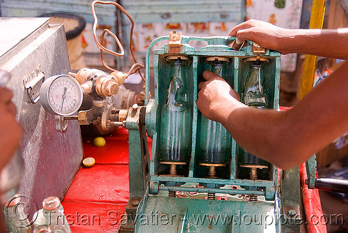 soda machine - pushkar (india), crank, pressure gauge, soda bottles, soda machine, street market, street seller, street vendor